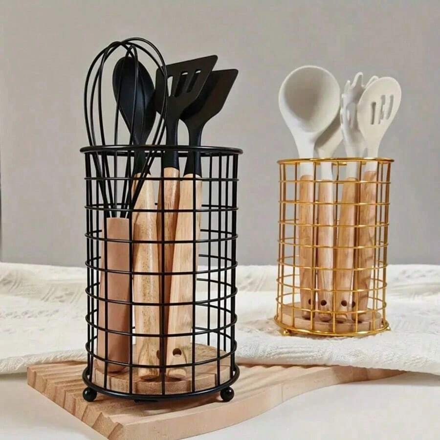 1/2 Pcs Black Kitchen Utensil Holder Rack, With Round Wire And Wooden Base, Iron Kitchen Utensil Organizer, Suitable For Kitchen Tool Storage, Multifunctional Carbon Steel Kitchen Rack - Multicolor - View 1