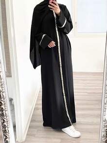 女士优雅撞色串珠阿拉伯长袍连衣裙，不含头巾，黑色，春季快速发货 - 黑色 - 查看 1