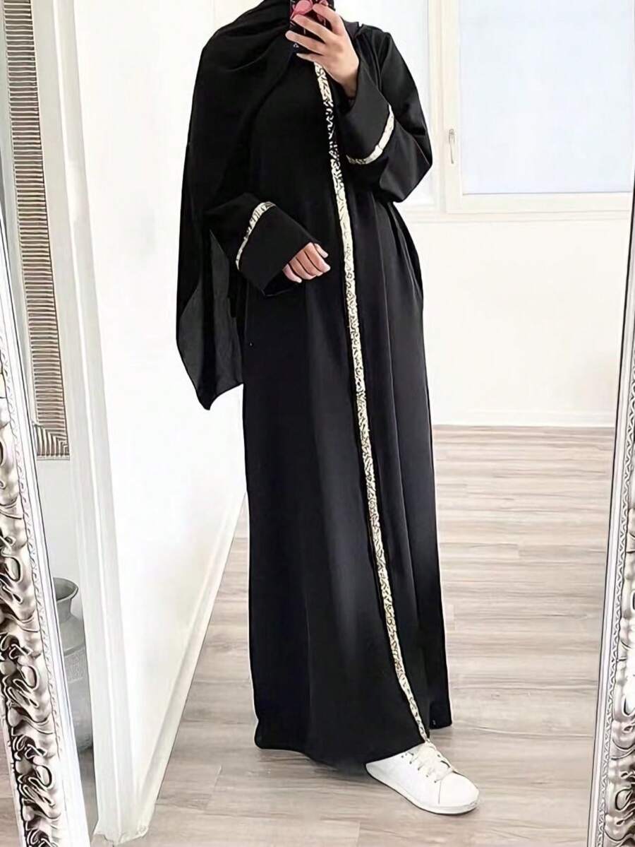 女士优雅撞色串珠阿拉伯长袍连衣裙，不含头巾，黑色，春季快速发货 - 黑色 - 查看 1