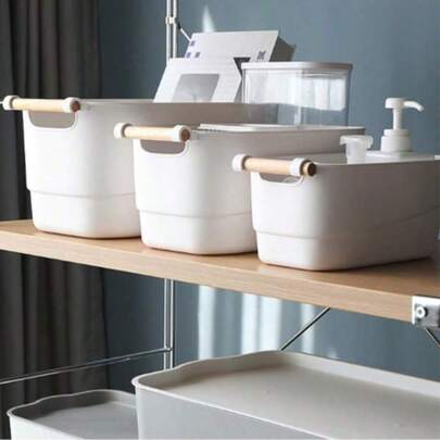 2 Stili Scatola di Immagazzinaggio da Scrivania Trasparente/Opaca Multicolore con Manico in Legno - Scatola Organizzativa in Plastica Rinforzata per Cucina, Bagno, Varie per la Casa