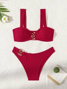 2pcs Sexy High Cut Skin Color Lingerie Set, Delicate Accessory Design, Spring/Summer Vacation Beach - Burgundy - View 4