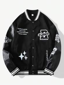 Vintage American Style Embroidered Baseball Jacket For Men, Autumn/Winter Black Patchwork Faux Leather Sleeve Loose Streetwear Letter & Star Print Bomber Coat - Black - View 11