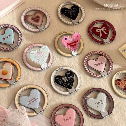 1pc INS Style Colorful Heart Magnetic Phone Holder, Foldable Metal Stand, Portable Desktop, Delicate & Aesthetic, Compatible With Various Magnetic Phone Cases Compatible With Apple, Honor, VIVO, OPPO Compatible With IPhone, Android Phone, Gift For Birthday, Family, Friends Gifts Birthday Push-Pull Phone Grip Phone Accessories