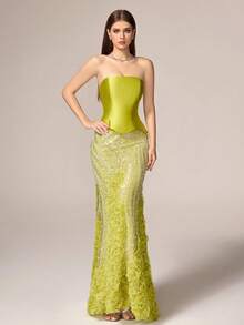 VIPGIRL Đầm dạ hội cúp ngực màu xanh lá chanh sang trọng, thanh lịch - Thiết kế đuôi cá với lưới đính sequin tương phản, viền bèo nhún bằng vải dệt, kiểu dáng ôm sát không tay | Thích hợp cho các bữa tối trang trọng, sự kiện thảm đỏ, dạ hội tốt nghiệp, tiệc cưới và nhiều dịp khác. - màu xanh lá - Xem 4