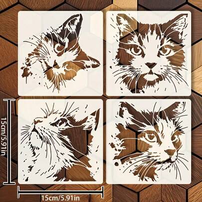 4 pièces Modèles de visage de chat mignons - Modèles d'art de chat vivants convenant pour l'artisanat, la décoration de fête, la décoration d'intérieur, les vêtements, le bois, la canevas et plus encore. Design amusant, matériau durable, décoration de vêtements, design durable, modèles de haute qualité, pack de modèles, pour les amateurs d'artisanat