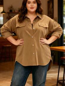 معطف كارديجان سميك بأكمام طويلة من الكوردوروي للمرأة ذات الحجم الكبير