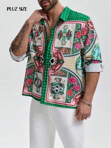 1pc Men's Green Placement Print Casual Shirt, Collared Long Sleeve Single-Breasted Cardigan, Stylish Men's Top Suitable For Vacation, Holiday Parties, Plus Size - Green - View 3