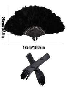 3/2/1 Set 1920s Flapper Accessories - Feather Fan, Headband And Gloves Set, Suitable For Vintage Weddings, Dance Costumes, Themed Outfits (Black) - Multicolor - View 13