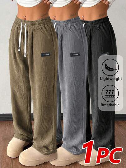 Women's Corduroy Casual Straight Leg Pants, Solid Color Drawstring Vintage Pockets, Breathable & Comfortable, Suitable For Daily Activities, Autumn/Winter