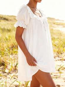 Casual Mini Dress For Women Loose Solid Ruffle Trim Scoop Neck Puff Sleeve Short Dress - 白色 - 查看 5