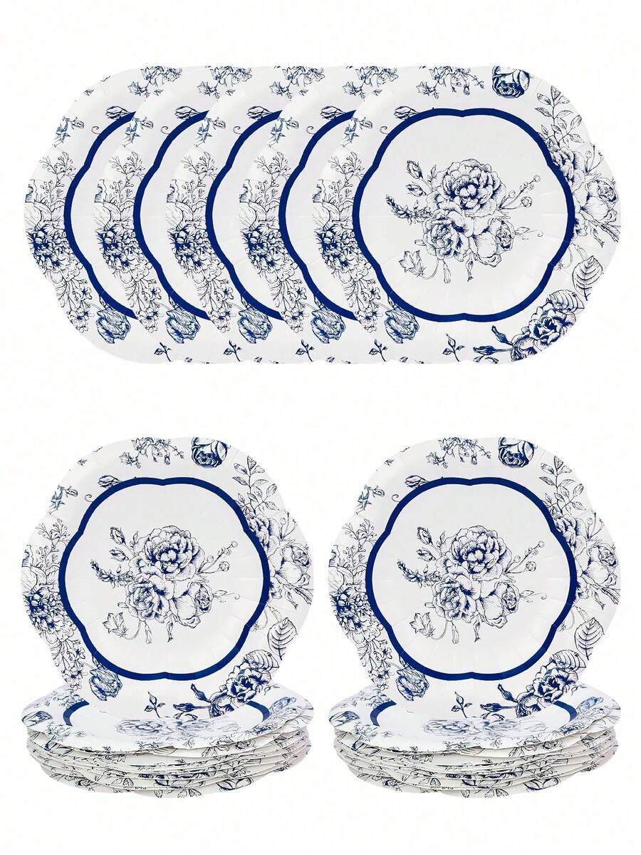 10pcs/20pcs/50pcs 5.5 Inch Blue Floral Paper Plates Blue And White Scalloped Plates Vintage Flower Disposable Cake Dessert Plate For Baby Shower Wedding Birthday Garden Tea Party Decorations - Multicolor - View 1