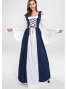 Medieval Renaissance Vintage Waist Dress, Halloween Costume Set - Royal Blue - View 18