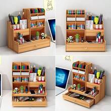 1pc Multi-Compartment Wooden Desktop Organizer Rack, Light Brown Rustic Style, Layered Compartments & Drawers, Holds Office/Home Supplies, Keeps Desk Tidy
