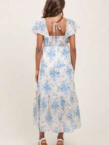 Maternity A-Line Maxi Floral Dress, Ruffle Hem, Short Sleeve Deep V-Neck, Bohemian Style - Light Wash - View 3