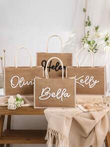 Personalized Handmade Embroidered Linen Tote Bag, Bridesmaid Invitation Bag, Letter Print Beach Tote, Bridesmaid Gift Bag, Letter Combination Tote, Wedding Gift Bag, Bachelorette Party Bag. Fashionable, Colorful, Minimalist, Cute, Unique Personalized Gifts, Wedding Favors, Bridesmaid Gifts - Multicolor - View 7