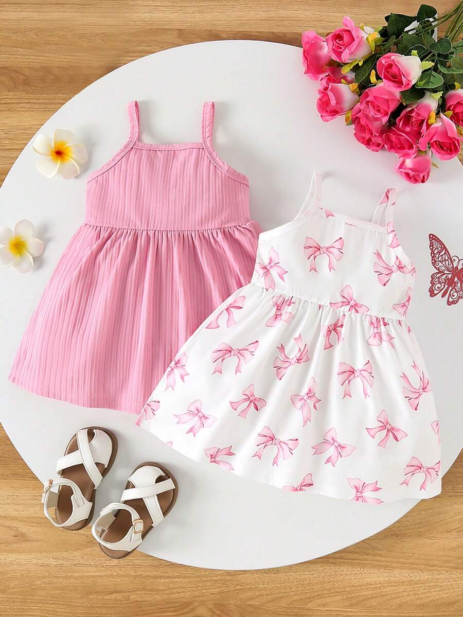 2pcs/Set Baby Girls' Butterfly Print & Solid Ribbed Spaghetti Strap Dress Set, Sweet & Cute Summer Outfit - Pink - View 1