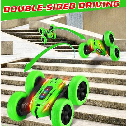 1辆遥控特技车，360°旋转，2.4GHz四驱全地形怪兽卡车玩具，带LED前大灯，适合6-8岁儿童的户外玩具，2.4GHz可充电电动玩具车，适合3-12岁男孩女孩的圣诞节/生日礼物（蓝色，绿色）