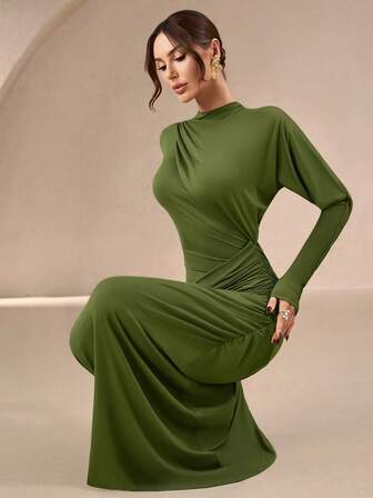 Women's Elegant Green High-Neck Bodycon Maxi Dress – Layered Shawl Sleeves, Ideal For Social Gatherings, Festive Occasions, Parties, Weddings & Tea Parties