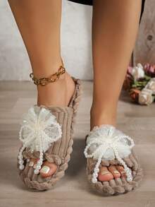 女士蝴蝶结平底拖鞋，棕色，优雅布艺串珠时尚休闲室内鞋，秋冬季 - 棕色 - 查看 10