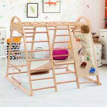 7-In-1 Multifunctional Playpen, Made Of Solid Wood, Plywood, And Beech Wood. Includes Swing, Ladder, Slide, Net, Plastic Holds, And Rings. Can Also Be Used As A Play Tent. - Natural Color - View 7