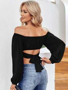 Womens Off Shoulder Ruched Tie Back Crop Top Summer Lantern Sleeve Boho Blouse Top - màu đen - Xem 3