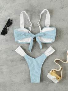 新款春夏女士沙滩蓝白撞色荷叶边性感休闲优雅沙滩度假派对比基尼套装，包含独立泳衣 - 藍色 - 查看 3