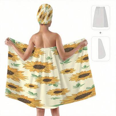 1 Set Of 2 Pcs, Modern Yellow Sunflower Print Bathrobe & Snap Dry Hair Cap Set, 100% Polyester, Super Soft, Adult Home Bathrobe And Hair Drying Cap, Suitable For Bathroom, Sauna, SPA And Salon Wrap, Women Robe, Daily Decor