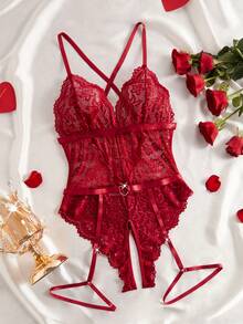 New Sexy Lingerie Set For Women, Triangle Cup Adjustable Criss-Cross Strap Single-Row Snap Backless Bodysuit, Semi-Sheer Lace Crotchless Bodystocking With Adjustable Waist Belt And Leg Garters - Burgundy - View 6