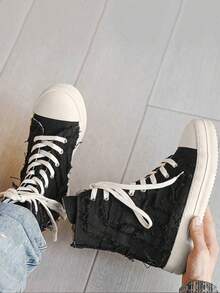 1双情侣鞋，2025新款春季厚底增高复古运动高帮帆布鞋，侧拉链，男女通用 - 黑色 - 查看 3