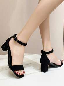 女士黑色粗跟凉鞋，学生百搭露趾罗马高跟鞋 - 黑色 - 查看 8