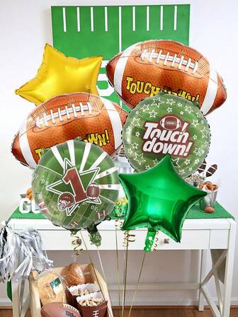 6pcs/Set Rugby Ball Balloon Set, Includes Rugby Foil Balloons, Round Rugby Balloons, Star Balloons, Suitable For Sports Games, Birthday Party Decorations, Rugby Theme Parties, Home Decor, Sports Theme Parties, Celebration Parties, Indoor And Outdoor Decorations