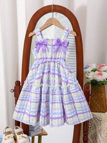 1pc Girls Casual Striped Print Pattern + 3D Bow Decor Strap Dress, Outdoor Spring/Summer - Multicolor - View 1