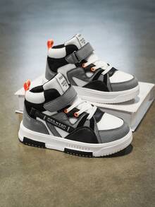 2025 New Style Children's High-Top Sneakers, Non-Slip Sole, Breathable Casual Children's Sneakers, Hook And Loop Closure, Lightweight And Soft EVA Sole, Shock-Absorbing And Non-Slip Running Shoes, Durable PU, Stylish Student Shoes For Everyday Wear, Suitable For All Seasons, Outdoor Hiking, And School Essential Sneakers - Suitable For Skateboarding, Spring/Autumn/Summer, Vacations, Travel, Parties, Training, And More. - 白灰 - 查看 2