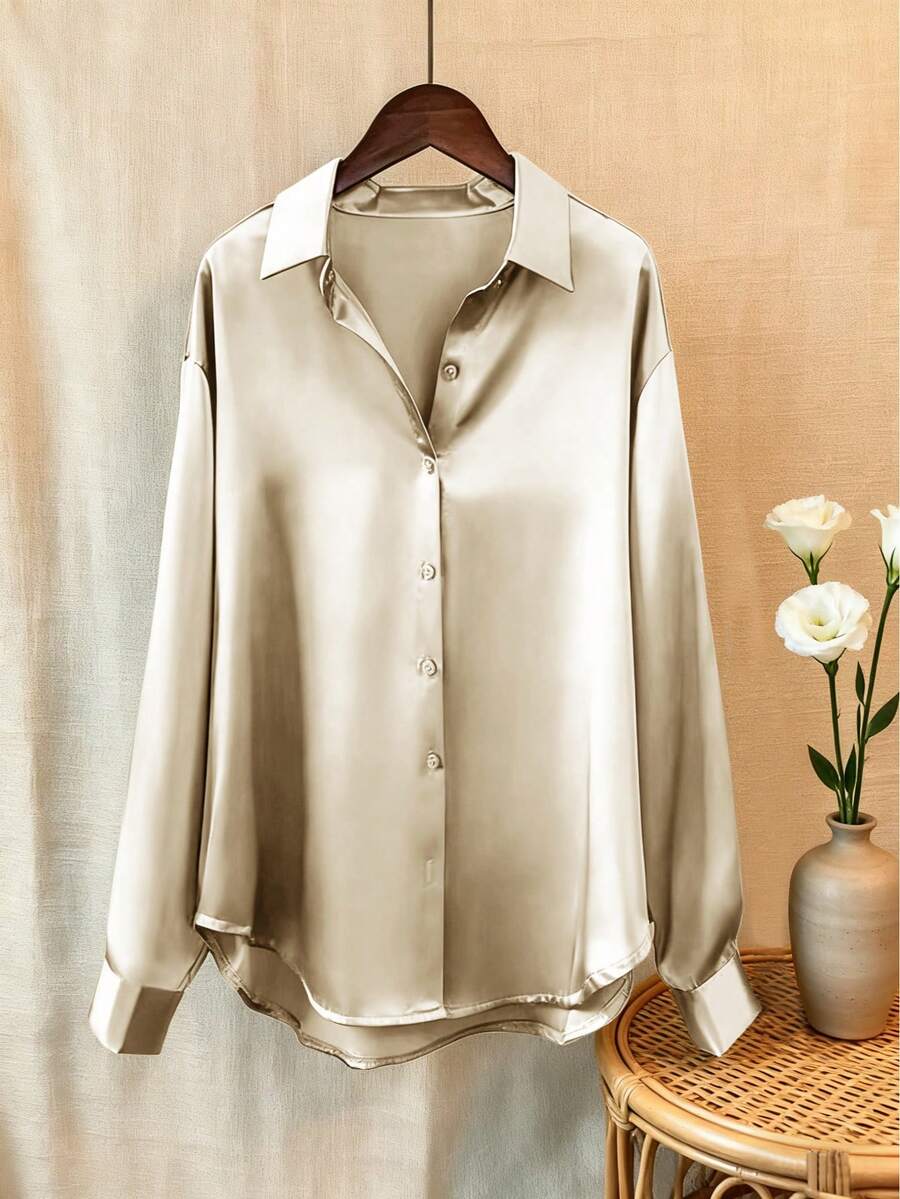 Blusa de satén casual para mujer, camisa con botones y diseño de cuello, elegante para la oficina y uso casual, primavera y verano - Champán - Ver 1