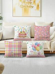 4件套，生日快乐抱枕套，节日派对礼物，乡村风蛋糕气球图案，美好祝愿装饰靠垫套，拉链涤纶装饰枕套，适用于沙发、客厅、户外，不含枕芯 - 粉色 - 查看 1
