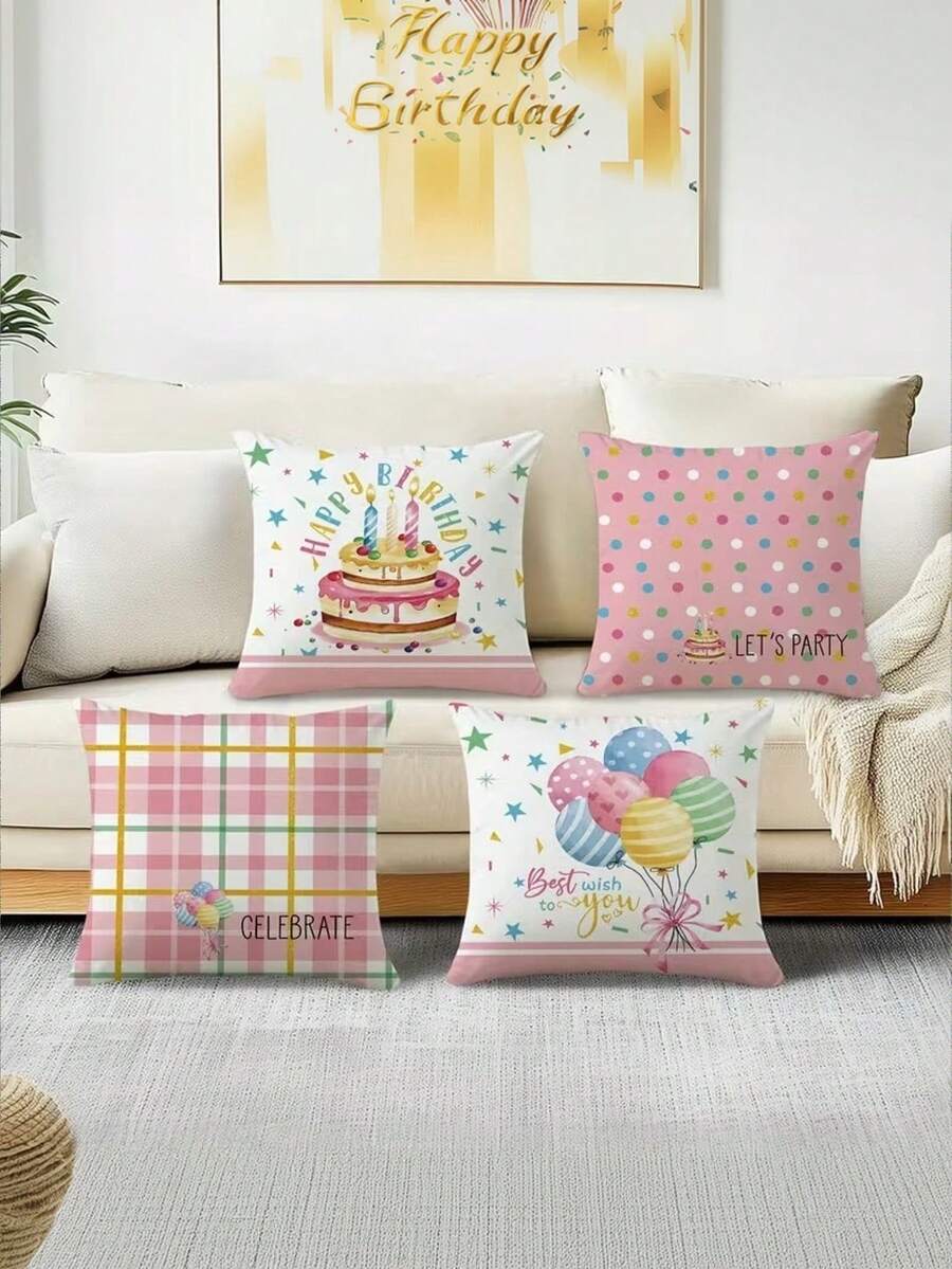 4件套，生日快乐抱枕套，节日派对礼物，乡村风蛋糕气球图案，美好祝愿装饰靠垫套，拉链涤纶装饰枕套，适用于沙发、客厅、户外，不含枕芯 - 粉色 - 查看 1