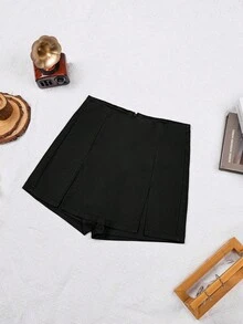 High Waist Elastic Slit PU Leather Punk Rock Nightclub Tight Mini Skort, Music Festival - Black - View 6