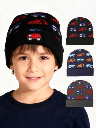 1PC Knit Warm Toddler Boys Construction Truck Beanie Hat 2-6 Years Old Soft Stretch Cuff Thickened Fabric Cold Weather Kids Headwear Daily Outdoor Play School Winter Accessory