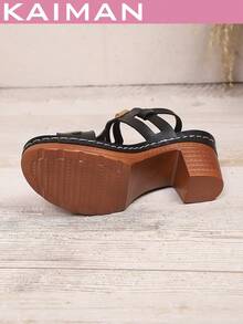 1 đôi sandal cao gót thời trang mới dành cho nữ, họa tiết hình học, khoét rỗng, đính đinh tán, chất liệu da PU, kiểu dáng thời trang và phá cách, phù hợp cho bãi biển, tiệc tùng, mùa xuân/hè. - màu đen - Xem 10