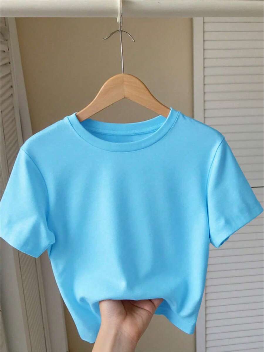 Women's Short Sleeve Crew Neck Cropped Fitted T-Shirt, Casual Style, Basic Top, Suitable For Spring/Summer