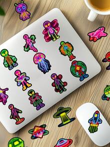 56 Buah Stiker Neon Alien, Stiker Vinyl Estetik untuk Scrapbooking, Buku Harian, Laptop, Bemper Mobil, Skateboard, Botol Minum, Komputer, Ponsel, Kartun, Helm, Stiker dan Decal Mobil - MultiWarna - View 6