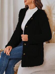 Women's Comfortable Faux Fur Winter Jacket, Front Button And Pocket - Long Casual Style, Solid Color, Button Design, Suitable For Cold Weather, Winter Casual Wear | Button Jacket | Durable Jacket, Women's Winter Clothing, Women's Jacket, Women's Winter Jacket, Women's Fleece Jacket - 黑色 - 查看 2