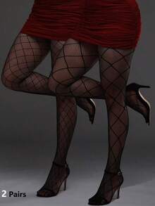 2条装加大码高弹格子网眼打底裤，哥特风万圣节紧身裤，女士性感黑色网眼丝袜，Y2K时尚 - 黑色 - 查看 5