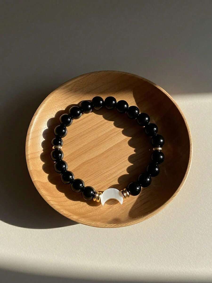 YAUKIA 同理心守护手链，黑曜石手链配珍珠新月吊坠，冥想灵性疗愈珠宝礼品 - 彩色 - 查看 1