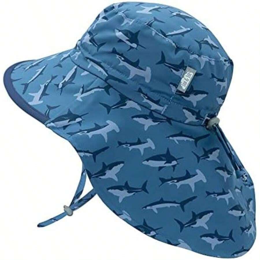 Jan & Jul Gorro de Xplorer para niños Grow-with-Me Aqua-Dry, Sombrero para Sol Repelente Agua de ala Ancha 50+(0-6 Meses Tiburón con Ribete Marino) - Multicolor - Ver 1