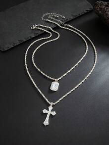 2件套时尚朋克极简几何水晶十字架吊坠项链，男士魅力饰品，适合日常、派对、节日、生日礼物，理想的男士礼物 - 幾何水鑽十字架項鍊 - 查看 5