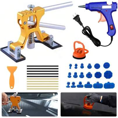 33 Pzs Herramienta de Reparación de Abolladuras Automóvil, Kit de Reparación de Abolladuras de Coche Granizo Sin Pintura Ancho Ajustable, Extractor Barras y Pistola de Pegamento Fusión Elevador Dorado