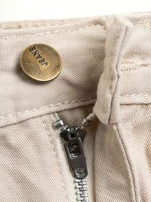 年轻男孩米色阔腿工装牛仔裤，多口袋百搭可调节腰部米色牛仔工作裤，返校 - 米色 - 查看 6