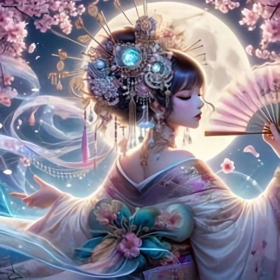 1件套DIY手工古代中国风女士钻石画套装，DIY钻石刺绣装饰画，适用于客厅、卧室、走廊，月亮和樱花图案，成人手工工艺材料，家居装饰，节日礼物 - 彩色 - 查看 1