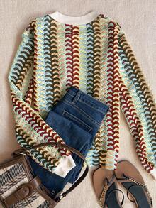 Women's Casual Shirt, Fashionable Textured Tie-Dye Pattern, Ribbed Crew Neck And Cuffs, Drawstring Hem Design, Lightweight Zip-Up Jacket, Spring/Summer